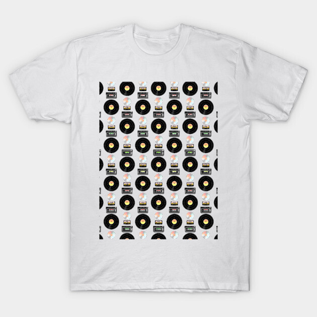 เสื้อยืด Vintage VHS Cassette Tape Vinyl Record Pattern T-Shirt แท้ Cotton 100% การ์ตูน  ผ้านุ่ม