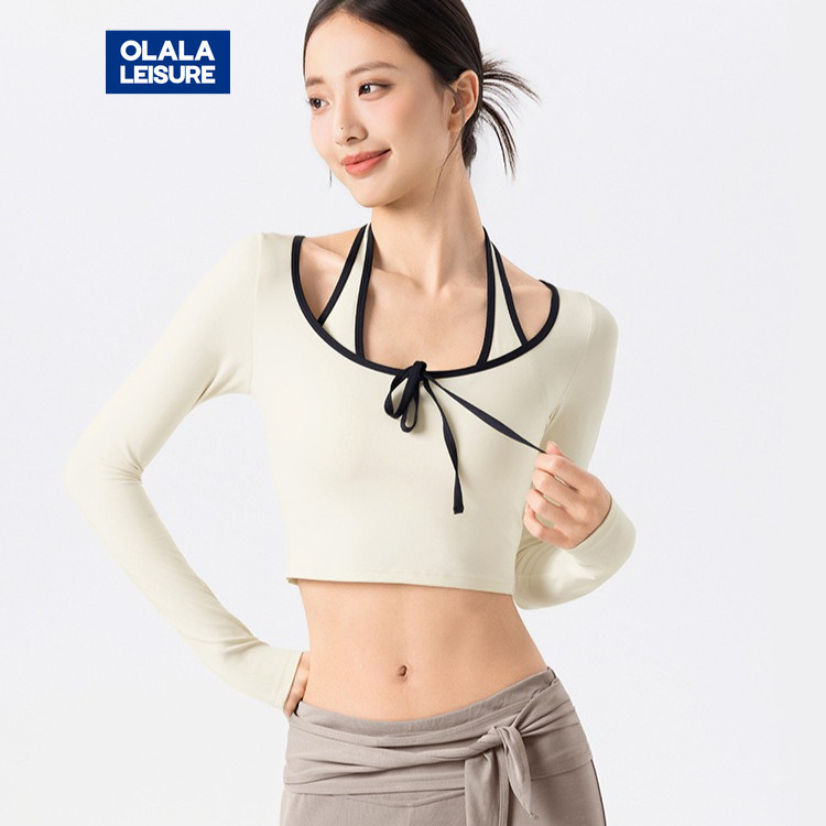 Olala Leisure Casual Yoga Sports T-shirt 2 In 1 Design Fixed Padded Crop Top Halter Neck Contrast Color