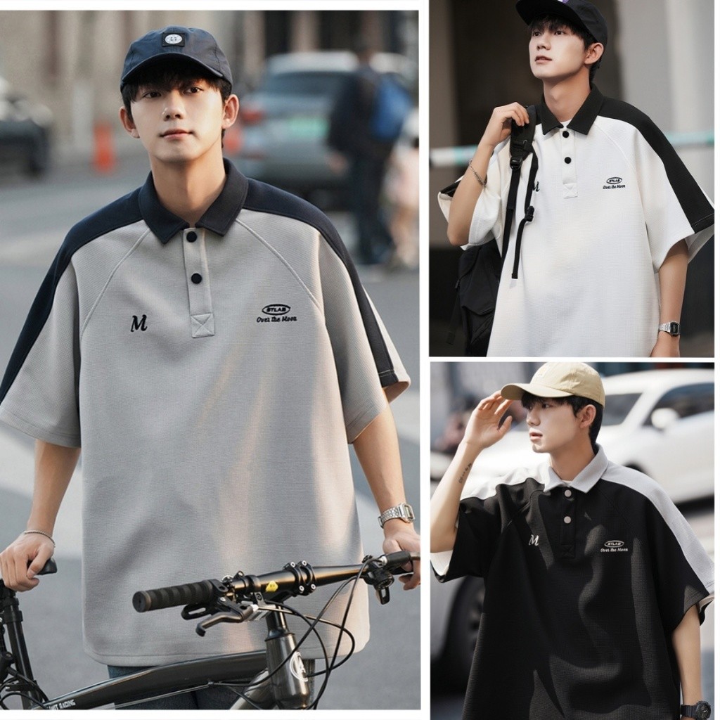 ⚡️Proman⚡️ วาฟเฟิลด์ เสื้อโปโล ชาย ฤดูร้อน สไตล์อเมริกัน แนววินเทจ สีตัดกัน แขนสั้น เสื้อยืด แบบหลวม แบรนด์ยอดนิยม