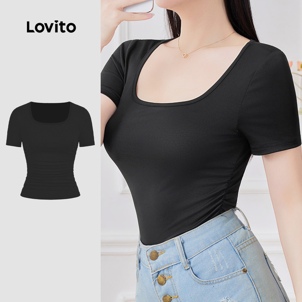 Lovito เสื้อผู้หญิงสีดําสไตล์ลําลองสําหรับฤดูใบไม้ผลิฤดูร้อน L149ED1184