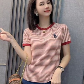 Striped Round Neck Short Sleeved T-shirt for Women in Summer 2025 Embroidered Loose and Slimming Casual Versatile Top