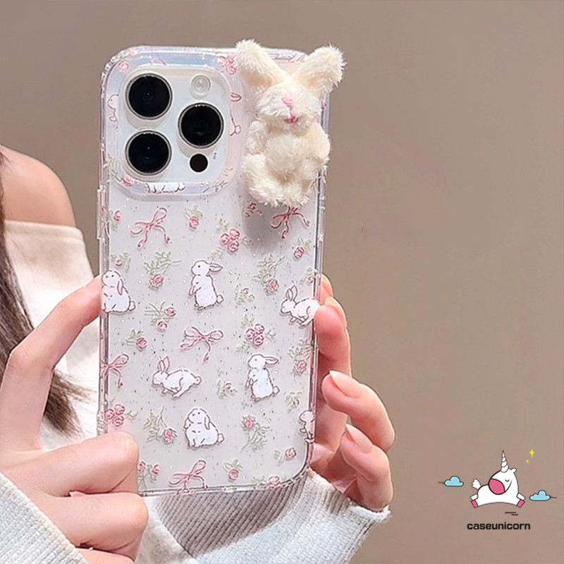 กระต่ายน่ารักดอกไม้พิมพ์โบว์สําหรับIPhone 13 14 11 16 15 12 Pro Max XR XS X Max 7 8 Plus SE 2020 7 8 6 6s 16 14 15 Plus Luxury Glitter Powderซิลิโคนกรณี