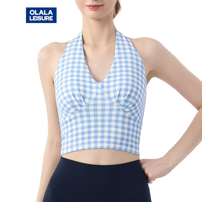 Olala Leisure Yoga Sports Bra Fixed Pads Halter Neck V-neck Pleats