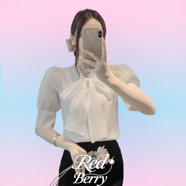 Red Berryเสื้อแขนพองฤดูร้อนสำหรับผู้หญิง เสื้อเชิ้ตผ้าชีฟองโบว์ฝรั่งเศสสุดเก๋W335