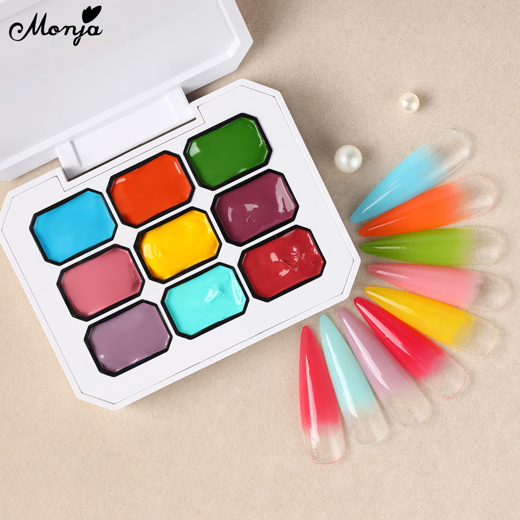 Monja ศิลปะเล็บ Nail Art UV Gel Polish Pat ภาพวาดวาด 9 สี Palette Gradient เปลี่ยน Soak Off rainbow