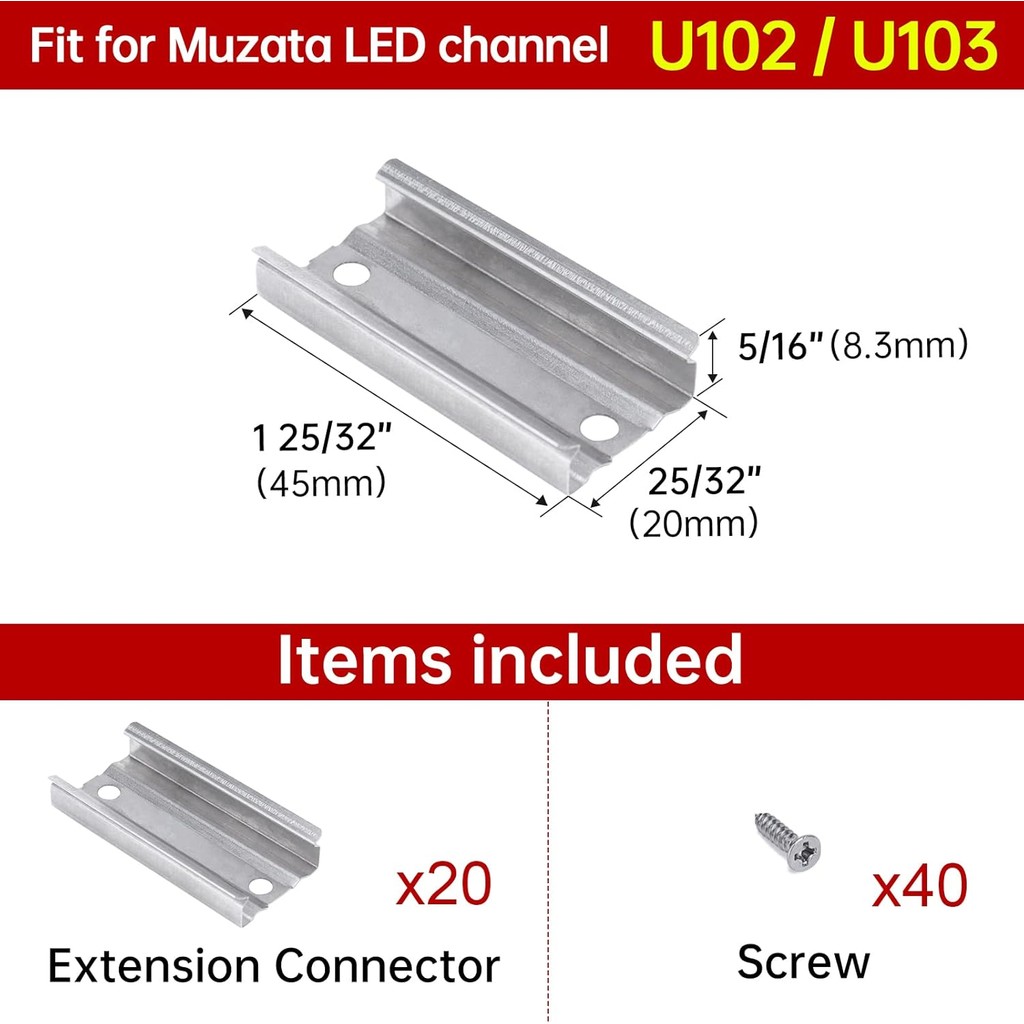 Muzata 20Pack Extension Connectors สําหรับ LED ช่อง fit Muzata U102 U103 U รูปร่างอลูมิเนียม LED ช่อ