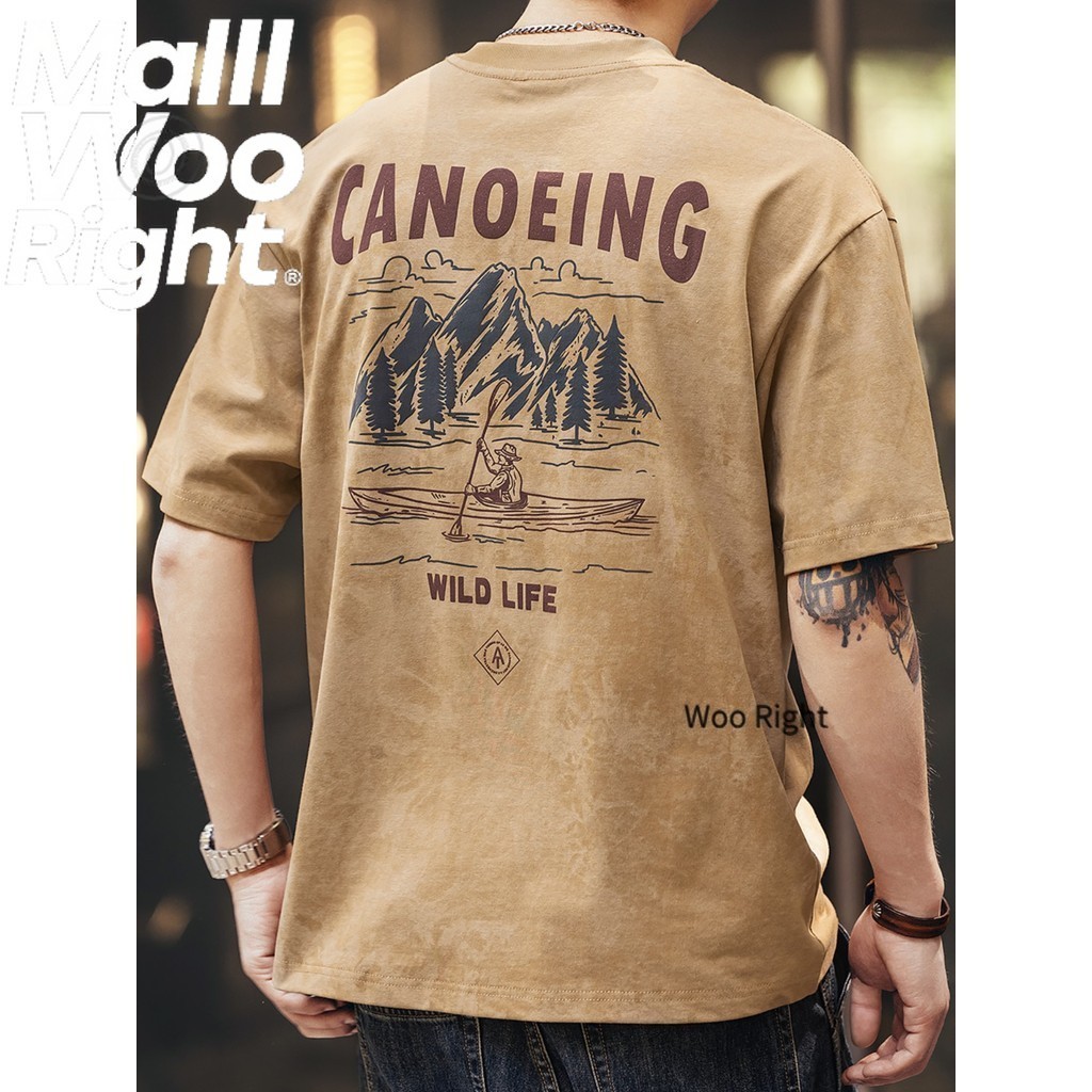 Woo Right  280g เฮฟวี่เวทย้อนยุคเมฆย้อมพิมพ์เสื้อยืดแขนสั้นผู้ชายฤดูร้อนหลวมอินเทรนด์แบรนด์เสื้อยืดครึ่งแขนอเมริกัน