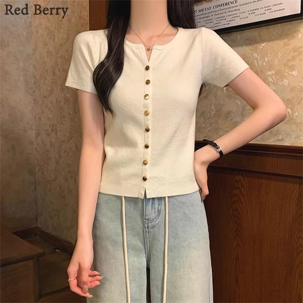 Red Berryเสื้อแขนสั้นคอวีผ่าไหล่กระดุมแถวเดียวสำหรับผู้หญิงในช่วงฤดูร้อน88008
