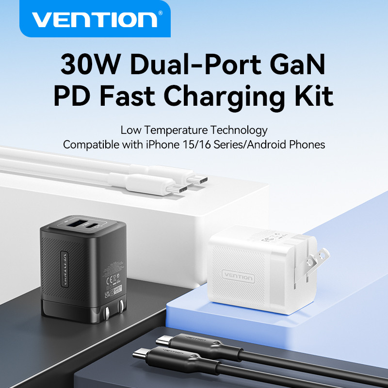 (รับประกัน 1 ปี) Vention 30W GaN Charger USB C Charger PD + USB 2 พอร์ตอะแดปเตอร์ชาร์จพร้อม QC4.0 PD USB typec Fast Charger US Plug Charger สําหรับ Samsung Android