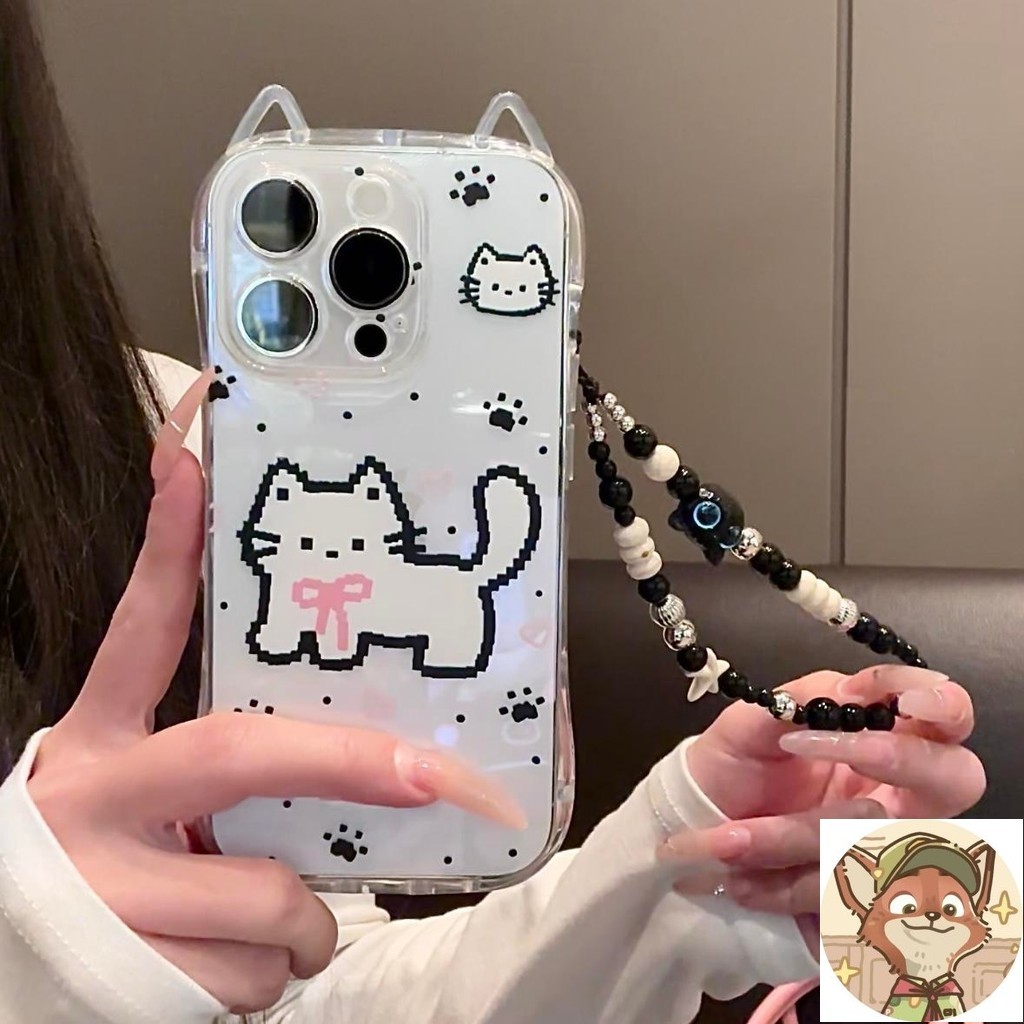 Insพิกเซลสไตล์แมวเคสโทรศัพท์เหมาะสําหรับiPhone 16 16promax 16plus 16pro 15promax 14Plusการ์ตูนสร้อยค