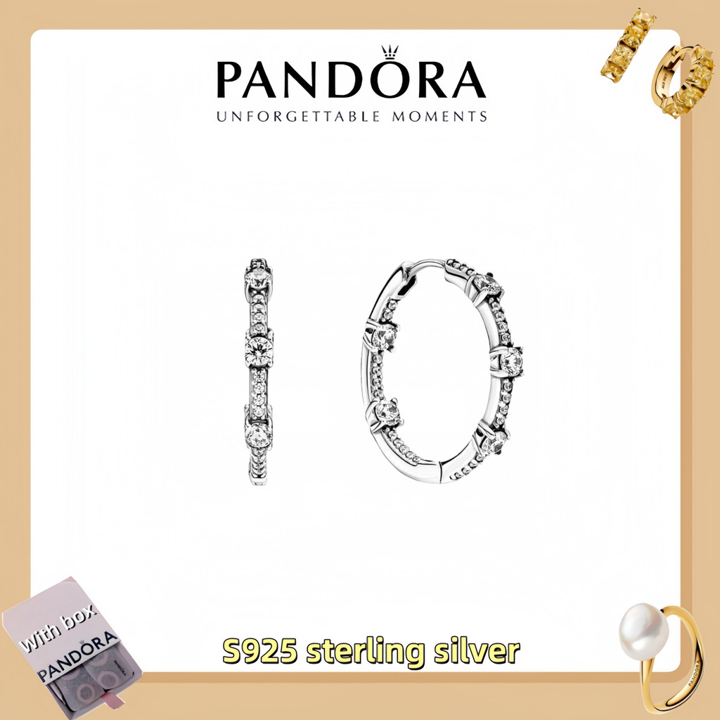 ต่างหูเงินSterling Silver แบบSparkling Pavé Bars Hoop สไตล์Pandora (พร้อมกล่อง)