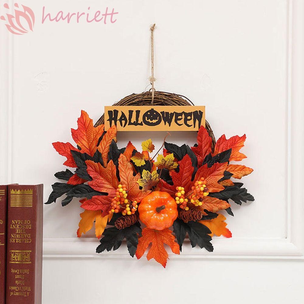 HUNIU พวงหรีด Maple Leaf แขวนสําหรับประตูด้านหน้า Halloween Pumpkin Home Decor