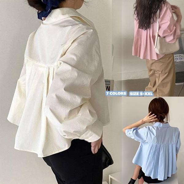 mimi&didi#เสื้อตัวบนไซส์ใหญ่ครอปแขนยาวด้านหลังจีบ หวานและน่ารัก ทรงหลวม ปกเสื้อแบบมีปก สำหรับผู้หญิง #W650