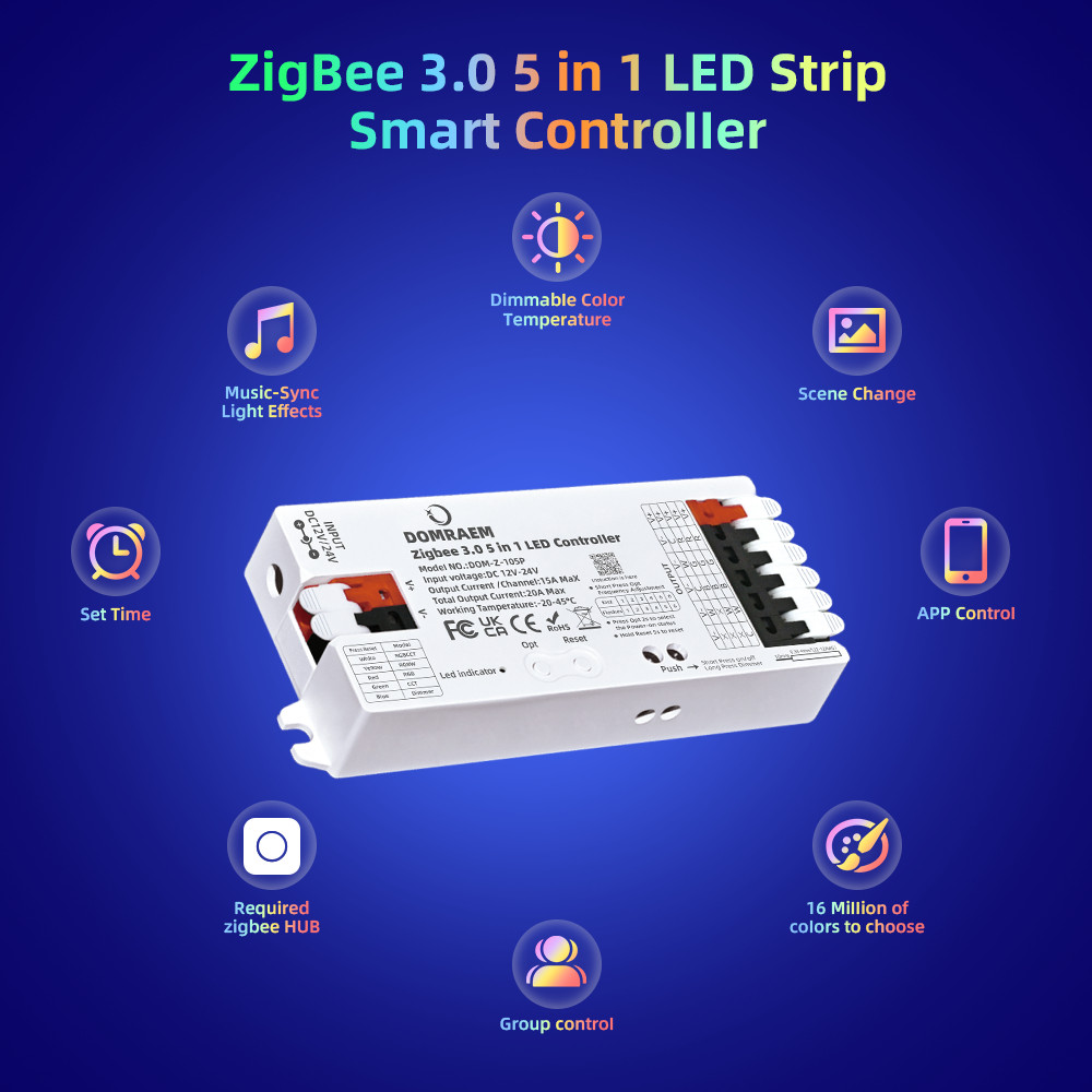DOMRAEM Zigbee 3.0 สมาร์ท 5 in1 LED Controller DIMMER WW/CW RGB RGBWCCT Strips ทํางานร่วมกับ 3.0 Hub