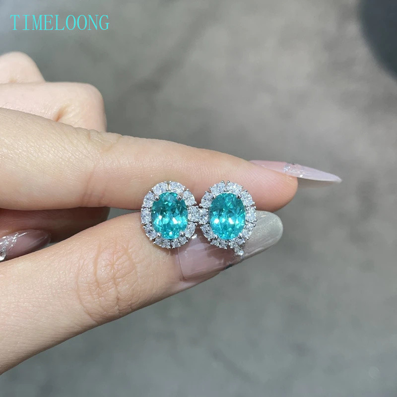 Pass Test 6*8 MM Oval Cut Lab Grown Paraiba High Carbon Diamond Studs ต่างหู 925 เงินสเตอร์ลิงผู้หญิงเครื่องประดับของขวัญ