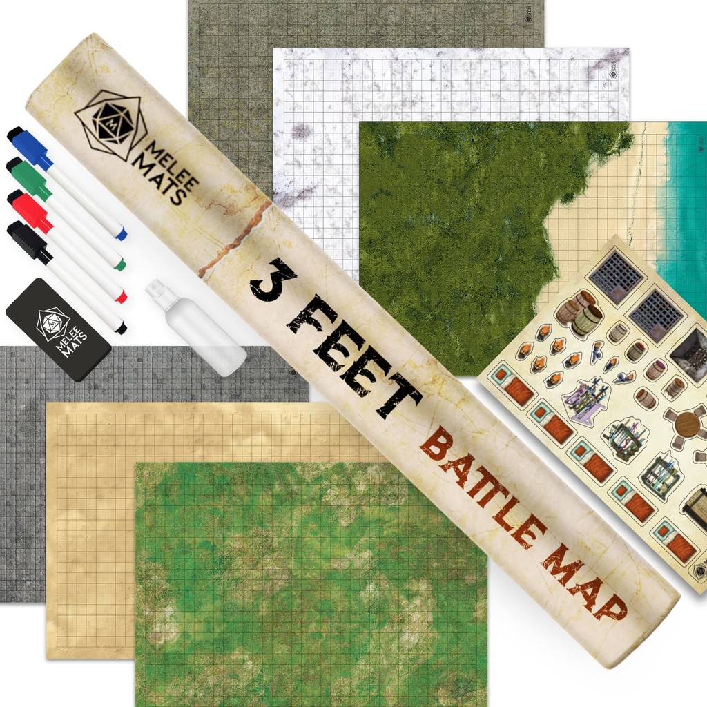 Melee Mats Dnd Map Starter Kit สำหรับเกม Dungeons  Dragons - 24 x 36 3 แพ็คสองด้านที่เปียกแห้งการต่อ