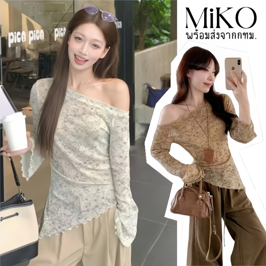 Mikoพร้อมส่ง💋เสื้อยืดผู้หญิง เสื้อปาดไหล่แขนยาว สีมัดยอม เสื้อครอปรัดรูป แฟชั่นเกาหลีสไตล์ลำลอง ดีไซน์ปายเสื้อเฉียง
