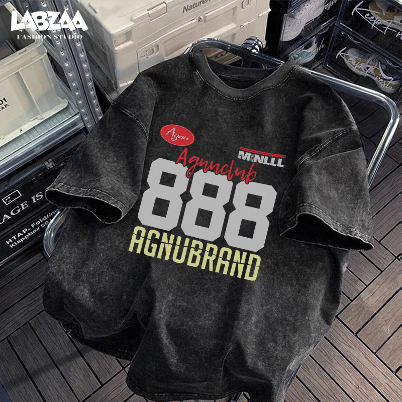 เสื้อยืดแขนสั้นคอกลม🔥วินเทจฟอกน้ำ ลายพิมพ์ตัวเลข 888 ขนาดใหญ่ oversize ระบายอากาศ ผ้าฝ้าย YG1553