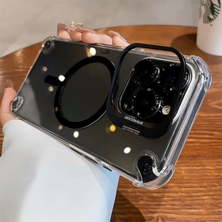 สี่มุม Anti Drop Cosmic สีส้มแม่เหล็กเคสโทรศัพท์สําหรับ iPhone 17 16 11 12 13 14 15 Pro Max Plus 17Air พร้อมเลนส์ป้องกัน Flim ขาตั้งโลหะโปร่งใสกันกระแทกปลอก