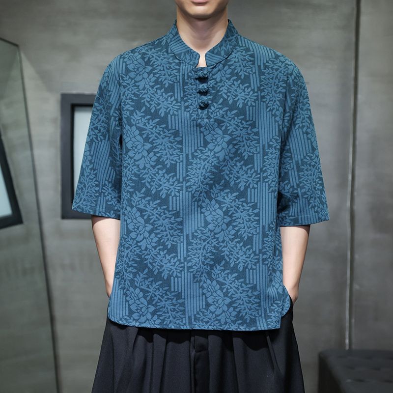 Breathable สบายสไตล์จีนผู้ชาย Jacquard แขนสั้นเสื้อยืดผู้ชายครึ่งแขน Retro Tang ชุดครึ่งแขนฤดูร้อนเส