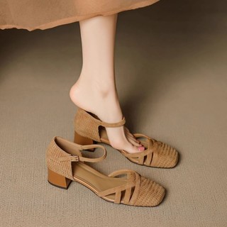 Square Toe Woven Shallow Mouth Sandals French Retro Mid-Heel Closed-Toe Sandals