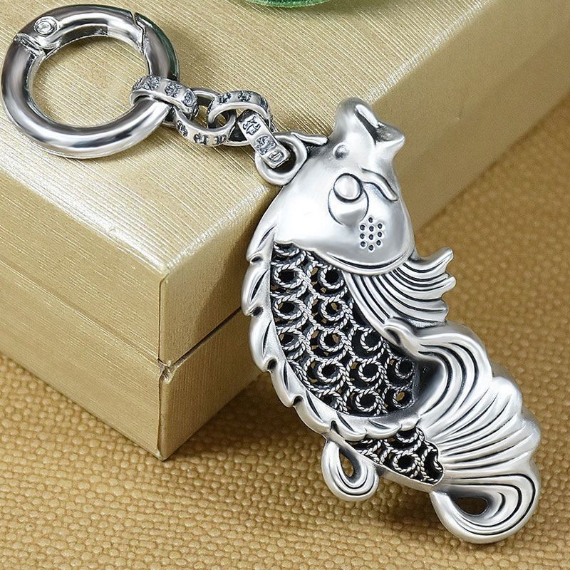 Daily Premium#S999Pure Silver Koi Fish Car Keychain Pendant Retro Creative High-end Couple Gift Inte