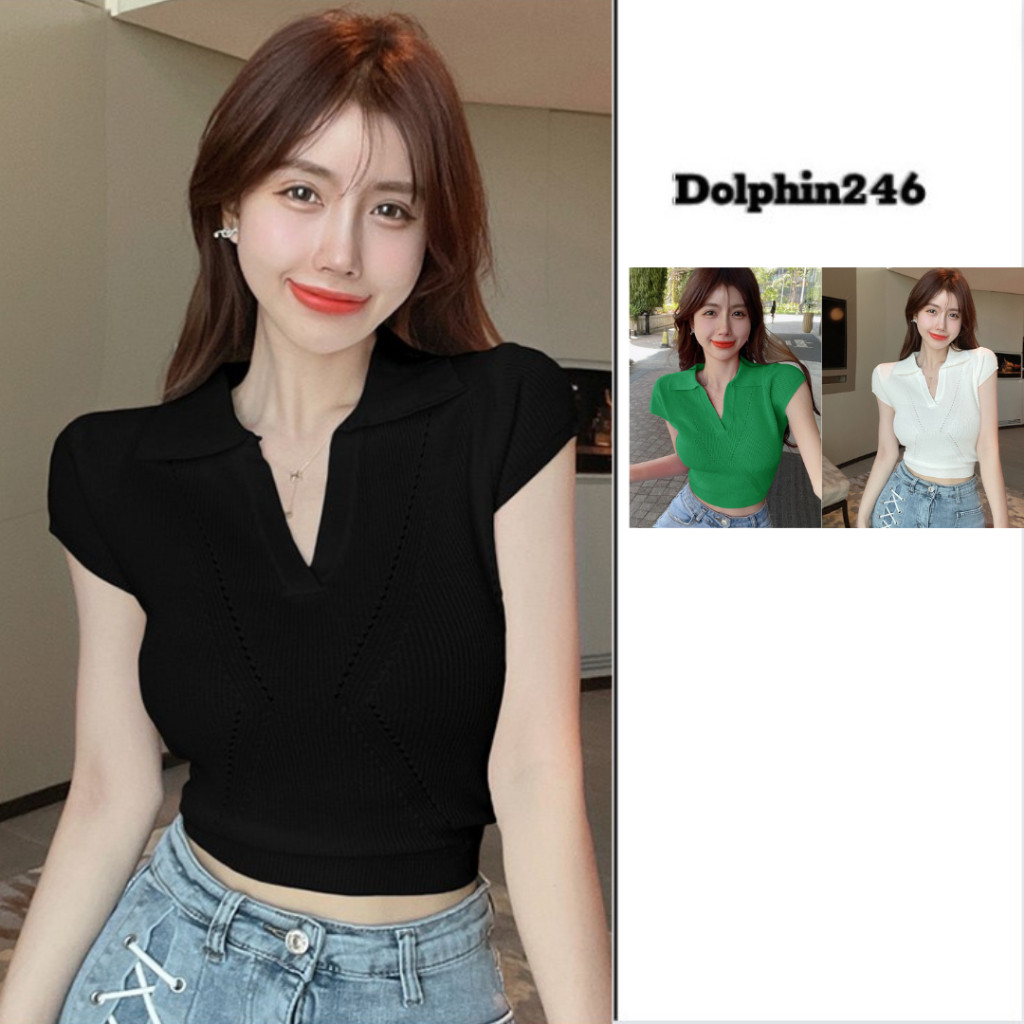 E1 เสื้อสเวตเตอร์คอโปโลแขนสั้นพิมพ์ลายเซ็กซี่สําหรับผู้หญิงลายน่ารักสไตล์เกาหลี M74 A2-6 e2