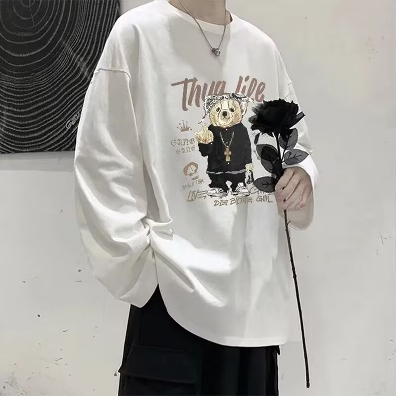 COD 2025 Bear Round Neck Printed Long Sleeve T-Shirt for Men Spring and Autumn New Ins Trend Loose T