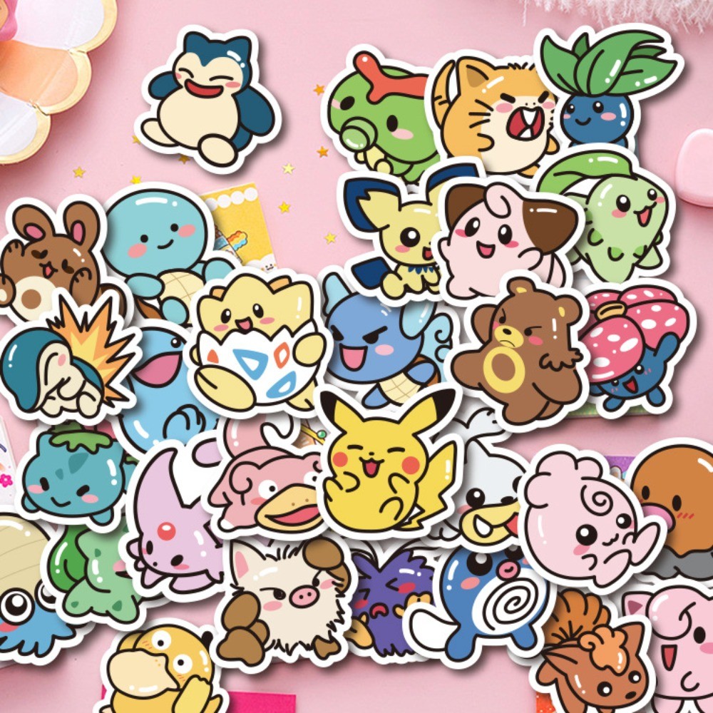 สติ๊กเกอร์ Chibi Pokémon (53 ชิ้น) - รวม Psyduck, Pikachu, Bulbasaur, Charmander, Mewtwo & Kangaskhan สําหรับ Journals & Phones