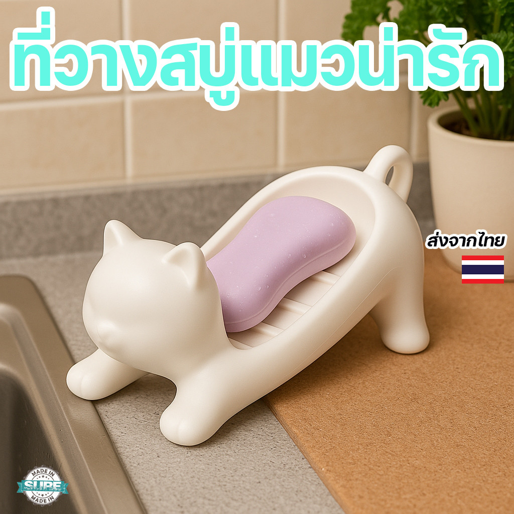 ที่วางสบู่รูปแมว มีรูระบายน้ำ กันน้ำขัง กล่องใส่สบู่ดีไซน์น่ารัก ของใช้ห้องน้ำเกาหลี