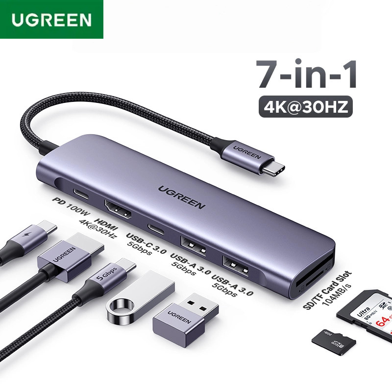 UGREEN USB C HUB 7 in 1 Dock 4K HDMI 100W PD USB-C USB-A 5Gbps Data Ports SD/TF Card Reader สําหรับ MacBook แล็ปท็อป PC
