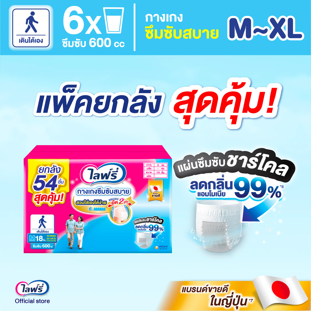 (เลือกไซส์ด้านใน) Lifree ไลฟ์รี่ กางเกงซึมซับสบาย ขนาด M - XL (1x3 ห่อ)
