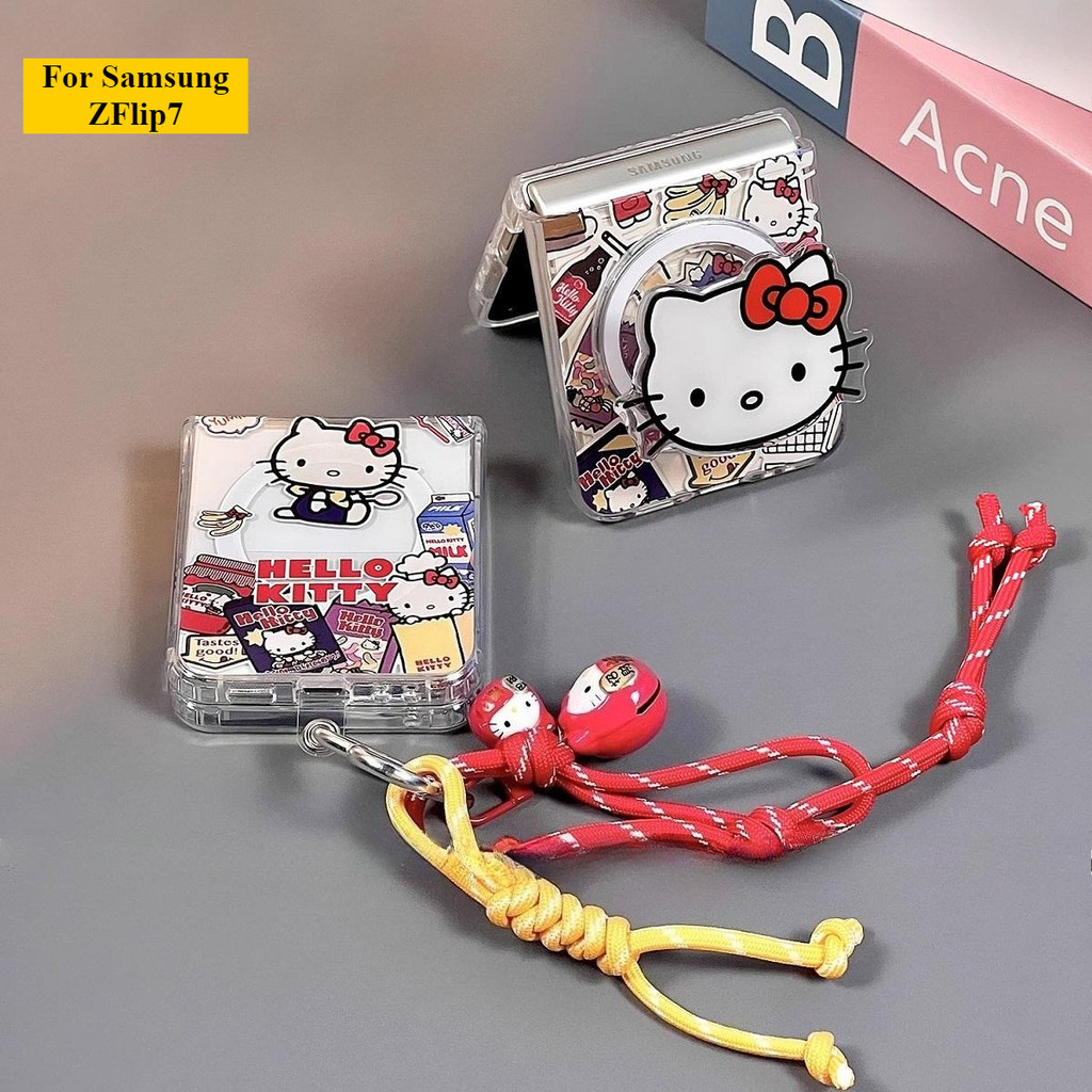 เคสโทรศัพท์ เหมาะสําหรับ Samsung Galaxy ZFlip7 การ์ตูนน่ารัก Kitty Cat Magnetic Bracket สร้อยข้อมือสําหรับ ZFlip 7 6 5 4 3 5G N3Flip MixFlip Lanyard เปลือกพับได้ Hard ฝาครอบป้องกัน
