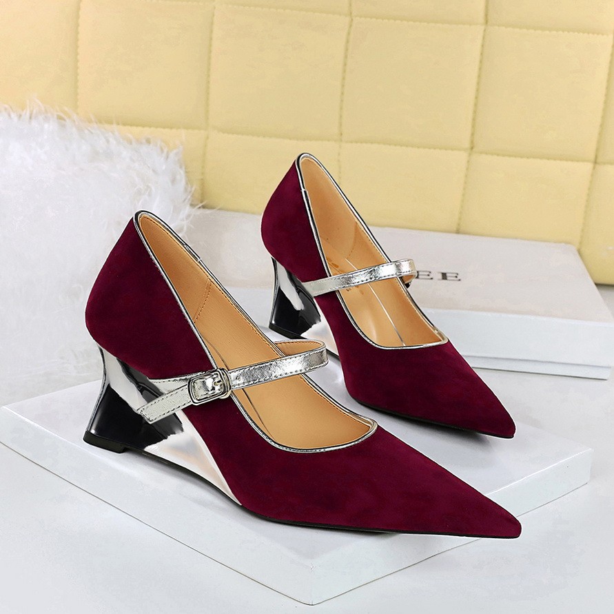 BIGTREE Fashion Color Matching Womens Shoes Metal Heel Wedge Shoes 6CM