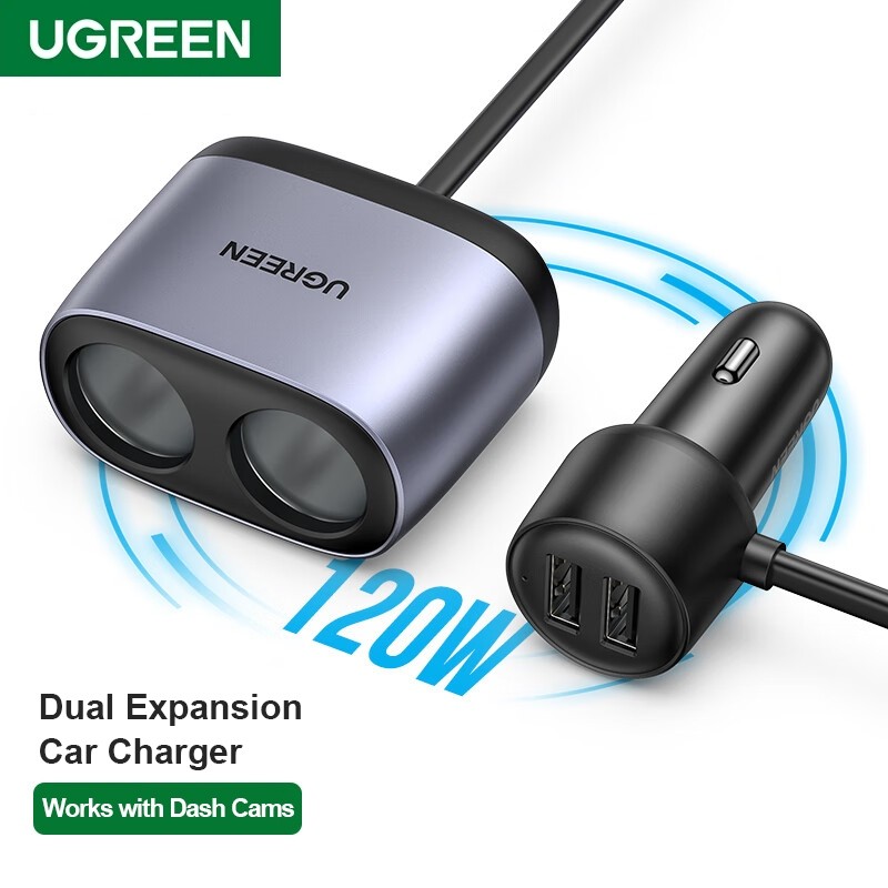 UGREEN Dual Expansion Car Charger ที่จุดบุหรี่ 1 ถึง 2/3 ปลั๊กแปลง 120W QC Fast Charging