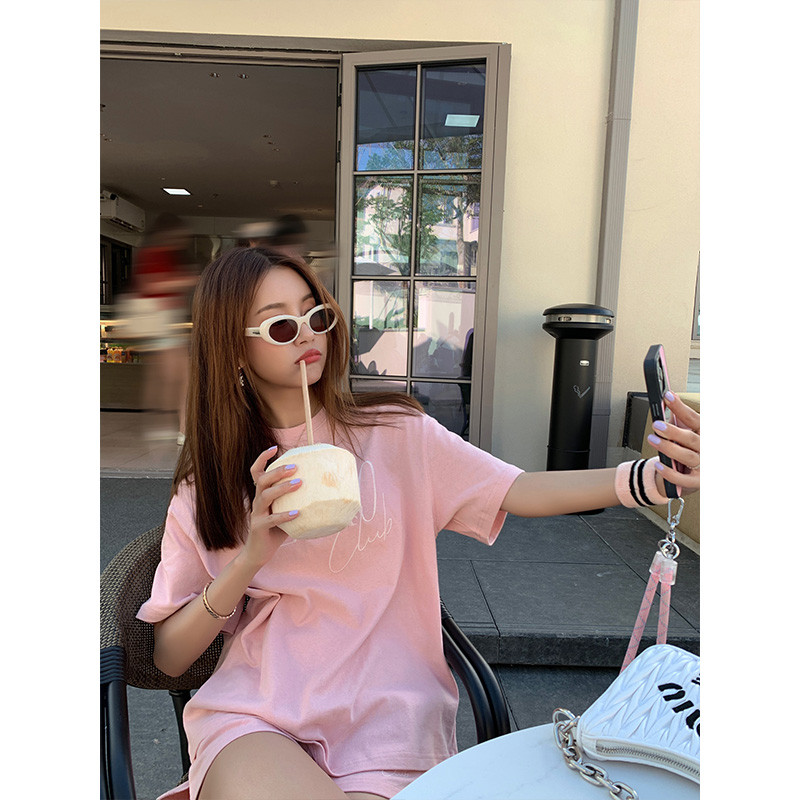 [Zhang Zixuan CheriZ] Retro American Pink Casual Short Sleeve Suit Women Loose Shorts Sports Two-Pie