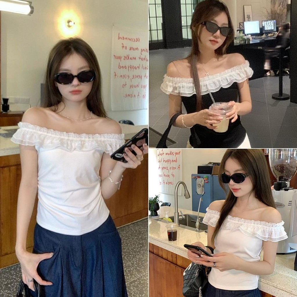 Hotgirl พร้อมส่ง เสื้อยืดปาดไหล่สั้น เสื้อยืดแฟชั่นผู้หญิง ขอบลูกไม้เข้าชุด สไตล์สาวเกาหลีเซ็กซี่ร้อนแรง