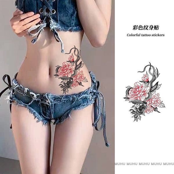 Snake Winding Dark Lotus Tattoo สติกเกอร์กันน้ําหญิงยาวนานเอว High-End รู้สึก Collarbone 2024 สี tat