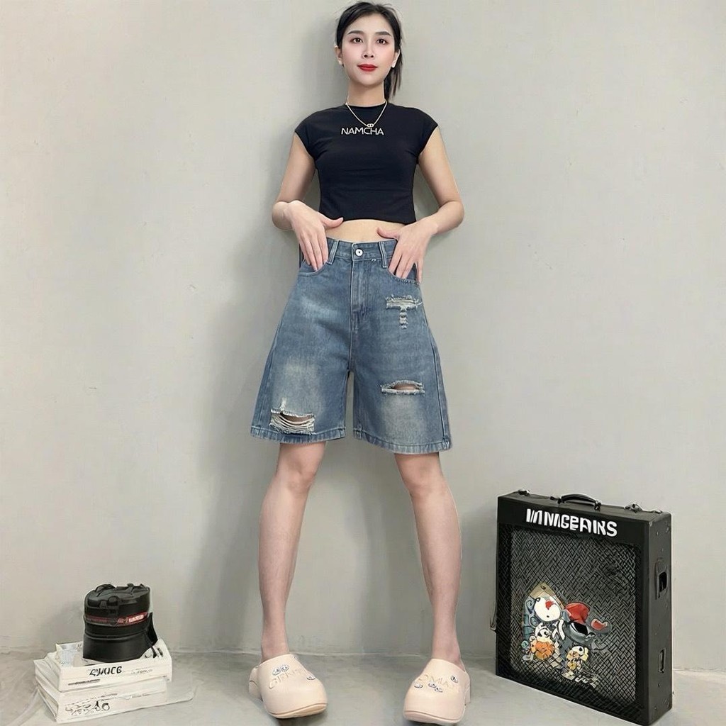 NAMCHA กางเกงยีนส์ กางเกงยีนส์สามส่วน ยีนส์ขาสั้น สียีนส์ แต่งขาด #-3361