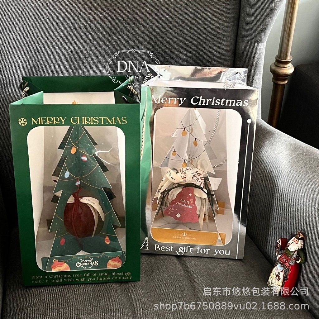 กระเป๋าโท้ตเงินสดใสถุงของขวัญบรรจุภัณฑ์ถุงสิริต้นคริสต์มาสกระเป๋าแอปเปิ้ลของขวัญหน้าต่างคริสต์มาส 3D