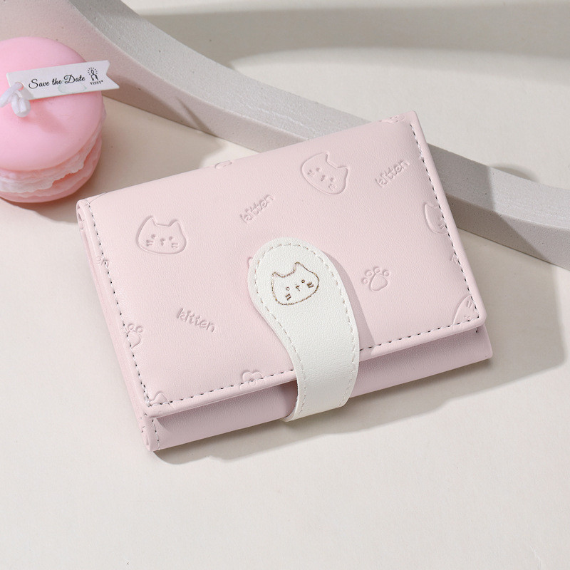 กระเป๋าสตางค์ผู้หญิงแบบสามพับ สีมาการอง พิมพ์ลายหนัง PU ดีไซน์แมวน่ารัก