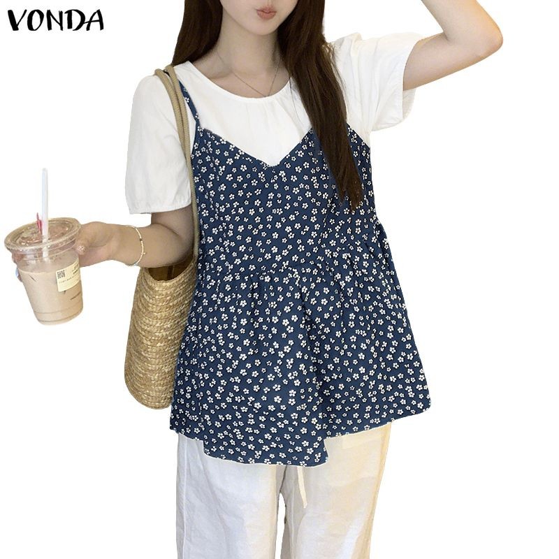 VONDA เสื้อเชิ๊ตสไตล์เกาหลีสำหรับผู้หญิง ดีไซน์วงกลม แขนสั้น พิมพ์ลายดอกไม้และระบาย