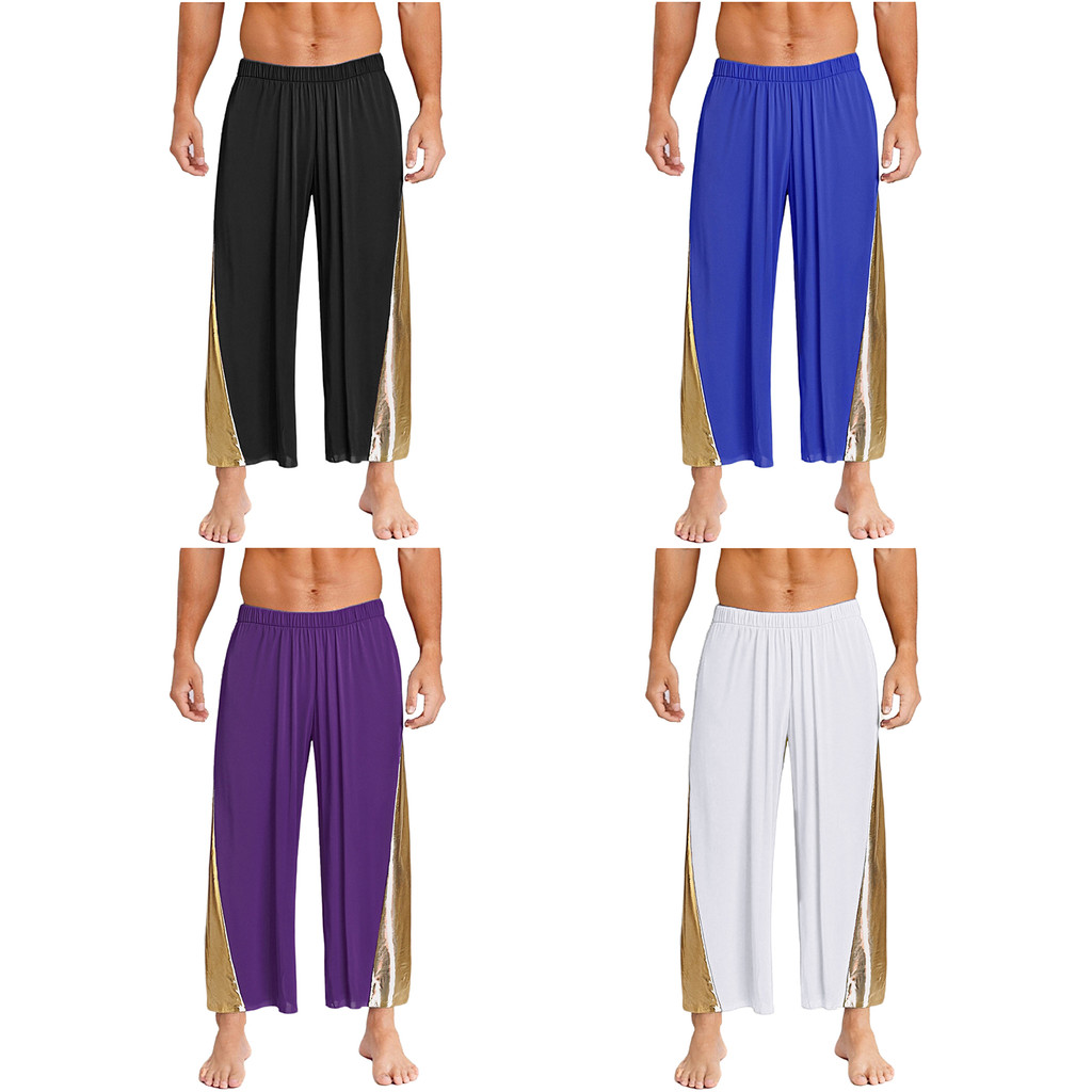 Yeahdor Mens Liturgical สรรเสริญบูชากางเกงเต้นรําโลหะเงาเอวยางยืดกางเกงขากว้างกางเกงหลวมเนื้อเพลงเต้