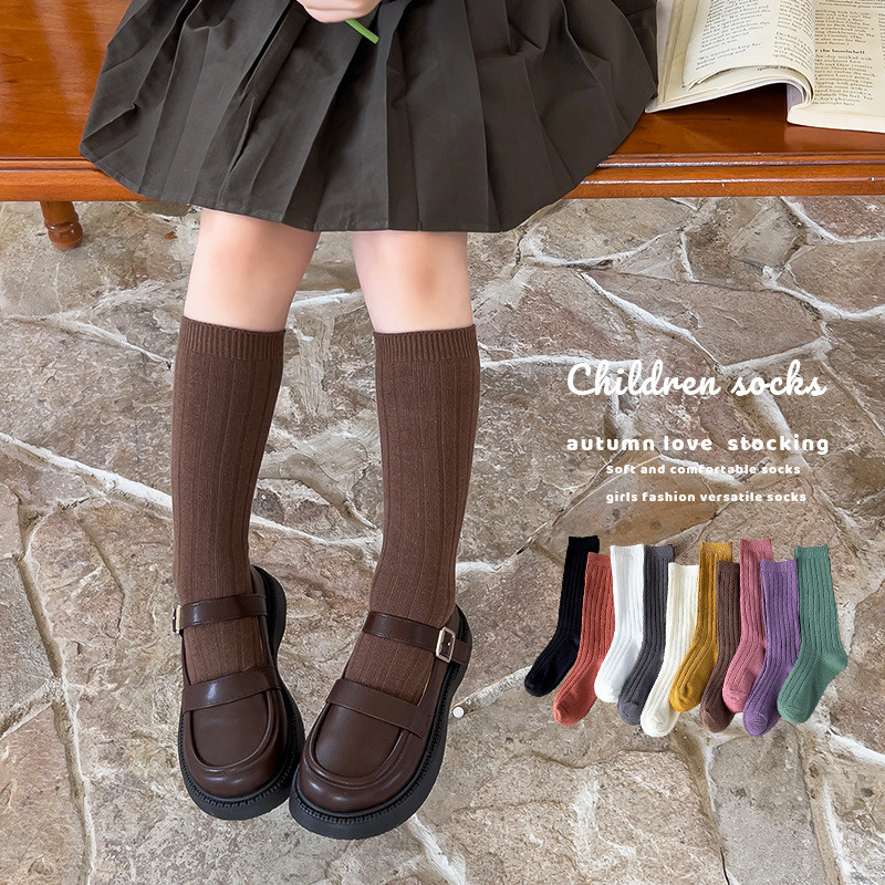 Misscucudog ถุงเท้าเด็กชายหญิงสีทึบแถบหนาเข็มคู่ All-Match Mid-Tube Pile ถุงเท้าผ้าฝ้ายถุงเท้า jz109