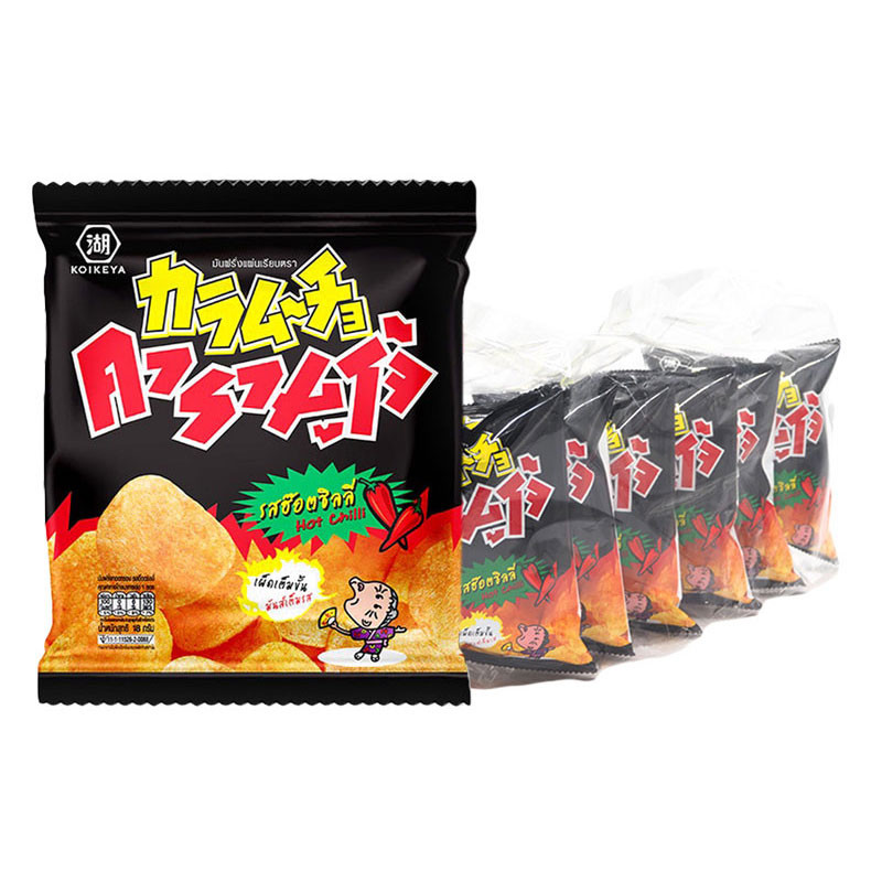 คารามูโจ้ แผ่นเรียบ ฮ๊อตชิลลี่ 18 กรัม x 6 ถุง (KARAMUCHO Potato Chip Hot Chili Flat Cut 18 g x 6)