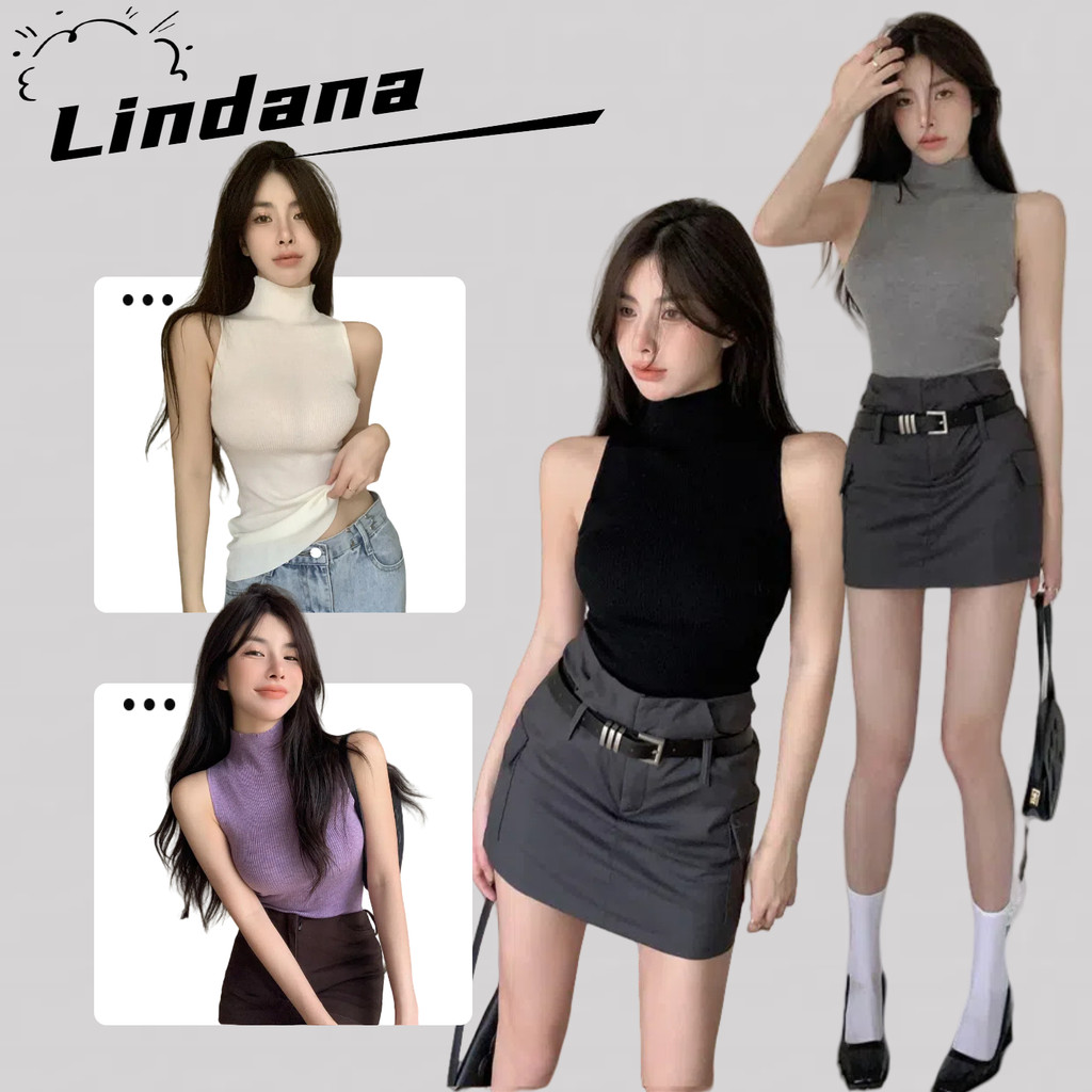 💕Lindana💕เสื้อกล้าม คอสูง ไหมพรม สีพื้น รัดรูป ผ้านิ่มยืด เสื้อแขนกุด สไตล์เกาหลี แฟชั่น#M058