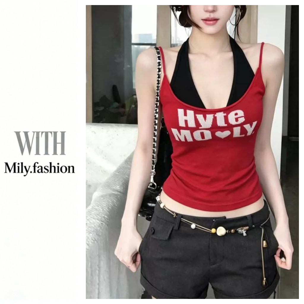 Milyfashion Halter คอปลอมสองชิ้นสลิงฤดูร้อนสไตล์ใหม่ Slim-fit Slimmer ดูสวมใส่ด้านนอกสั้น 8NG0