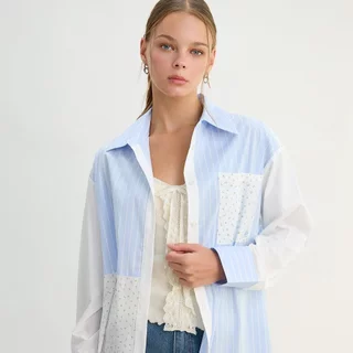 [Pomelo] เสื้อเชิ้ตลายทางและลายดอกไม้ / Striped Floral Panel Shirt