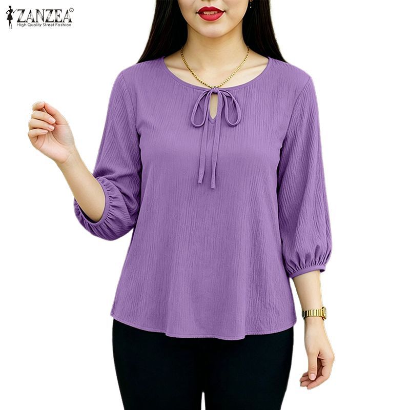 ZANZEA ผู้หญิงเกาหลีอ่อนโยนหวานรอบคอ 3/4 แขนโคมไฟ Tie-Up Bowknot สีทึบเสื้อ