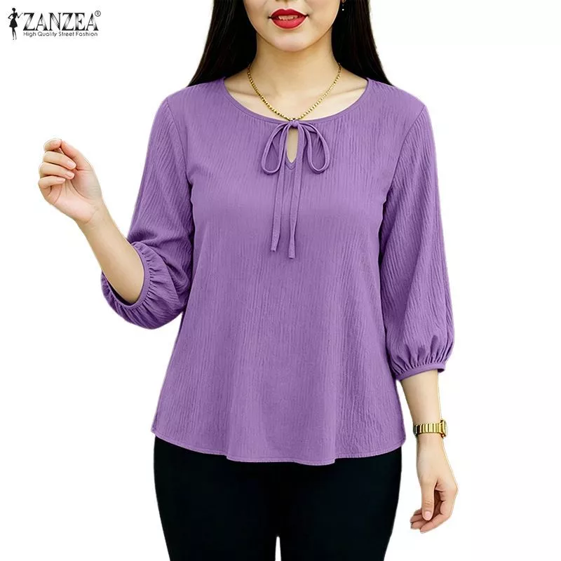 ZANZEA ผู้หญิงเกาหลีอ่อนโยนหวานรอบคอ 3/4 แขนโคมไฟ Tie-Up Bowknot สีทึบเสื้อ